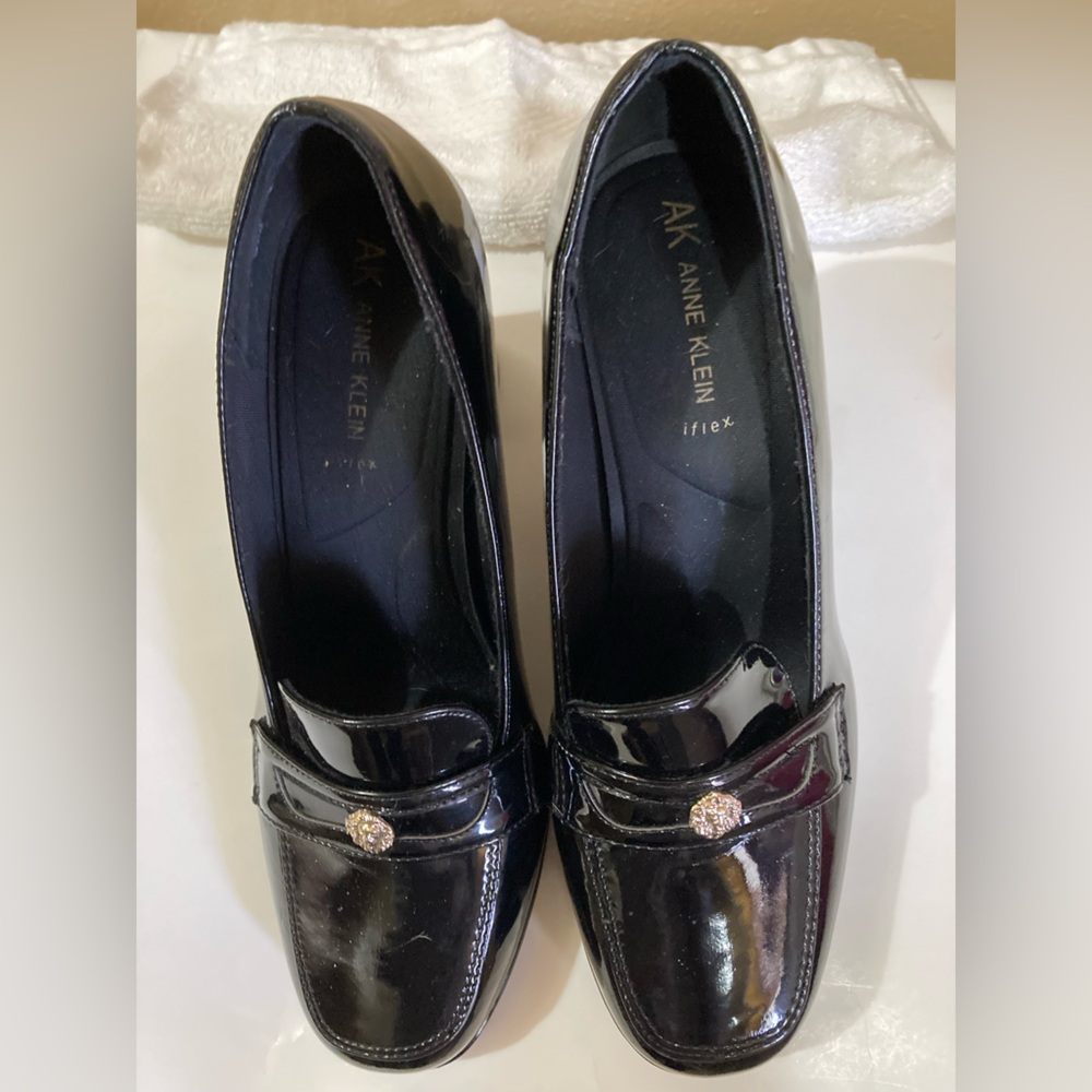 Anne Klein Black Patent Leather Slip-On Loafers with Accent